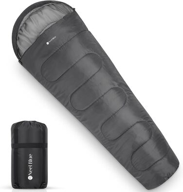 Спальний мішок Mumienschlafsack для дорослих - легкий, компактний, водонепроникний, з капюшоном, 220x85 см - теплий, пральний, для кемпінгу, піших прогулянок, подорожей (сірий)