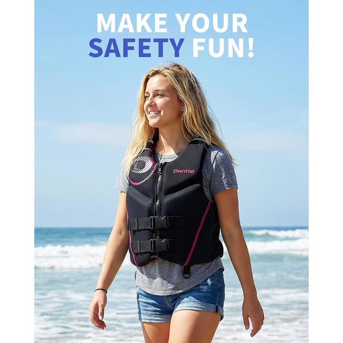 Owntop Жилет рятувальний для дорослих | Легкий неопреновий жилет | Складаний засіб плавучості з подвійними страховими ременями | Жилетка для водних видів спорту, каякінгу, риболовлі, веслування (Рожевий, L)