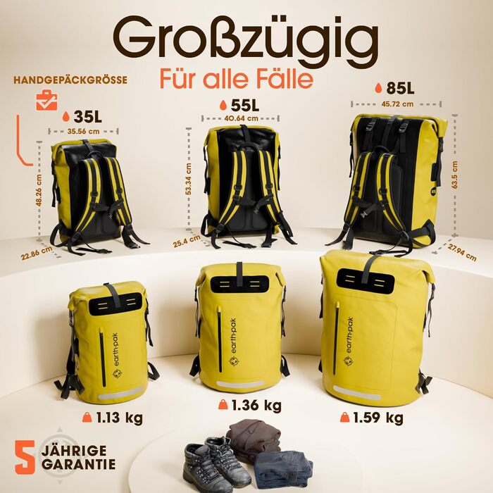 Водонепроникний рюкзак Earth Pak 55L з ролтопом, кишенею на блискавці та IPX8 водонепроникним чохлом для телефону (Жовтий)