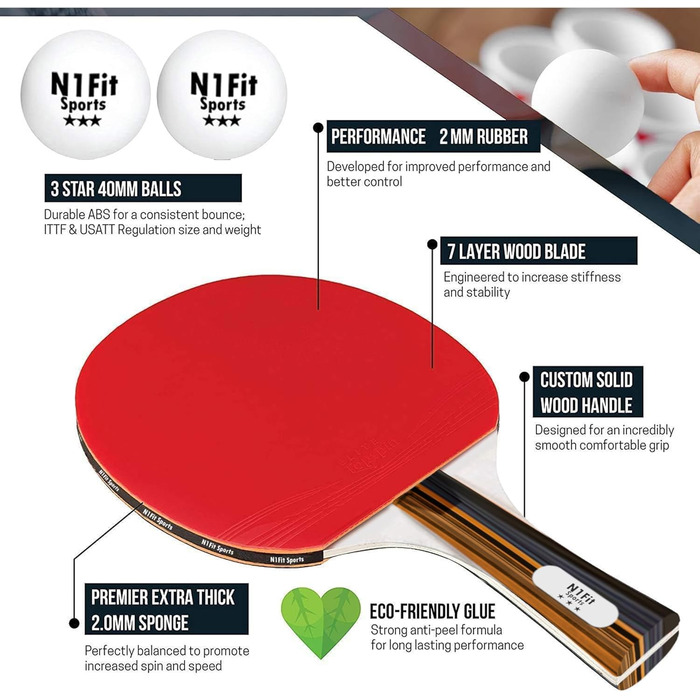 Набір для пінг-понгу: 4 професійні ракетки, розтягуване сітка, 6 м'ячів, сумка - для гри в приміщенні та на вулиці