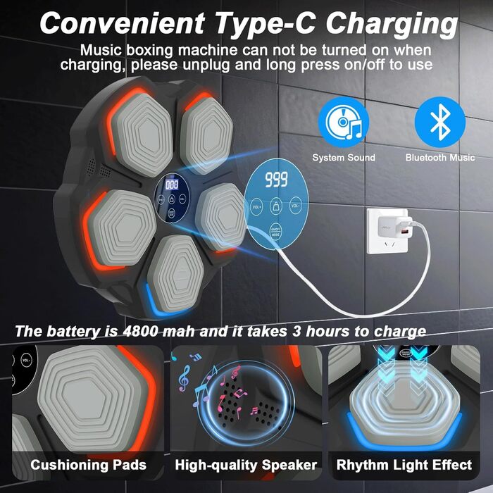 Музична боксерська машина – розумна боксерська машина з LED-підсвіткою, боксерськими рукавичками, 8 режимів швидкості та функцією підрахунку, настінна боксерська машина з музикою для дітей та дорослих (35*35 см)