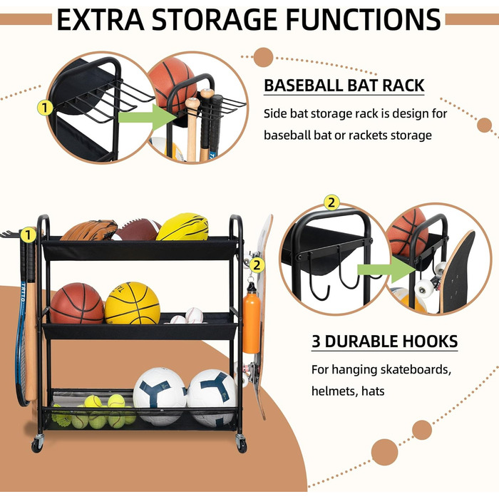 Стійка для зберігання баскетбольних м'ячів STORAGE MANIAC з 3 полицями, тренувальний стенд, органайзер для спортивних м'ячів, для гаража або фітнес-студії