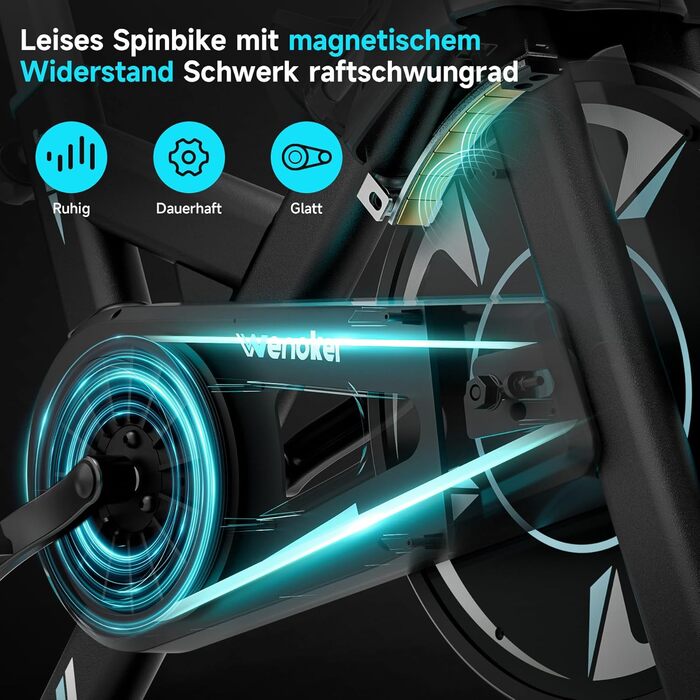 Велотренажер Wenoker з додатком, амортизаційна система, регульований магнітний опір, LCD дисплей та кріплення для планшета, тихий фітнес-велосипед до 160 кг, синій/чорний
