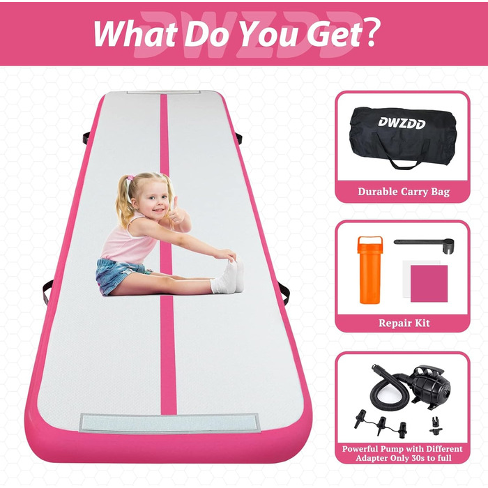 Гімнастичний надувний мат для гімнастики Dwzdd Air Matte, 3/4/5/6 м, 300x100x10 см. Підходить для дітей, дому, фітнес-студії, тренувань, чирлідингу. Біло-розова