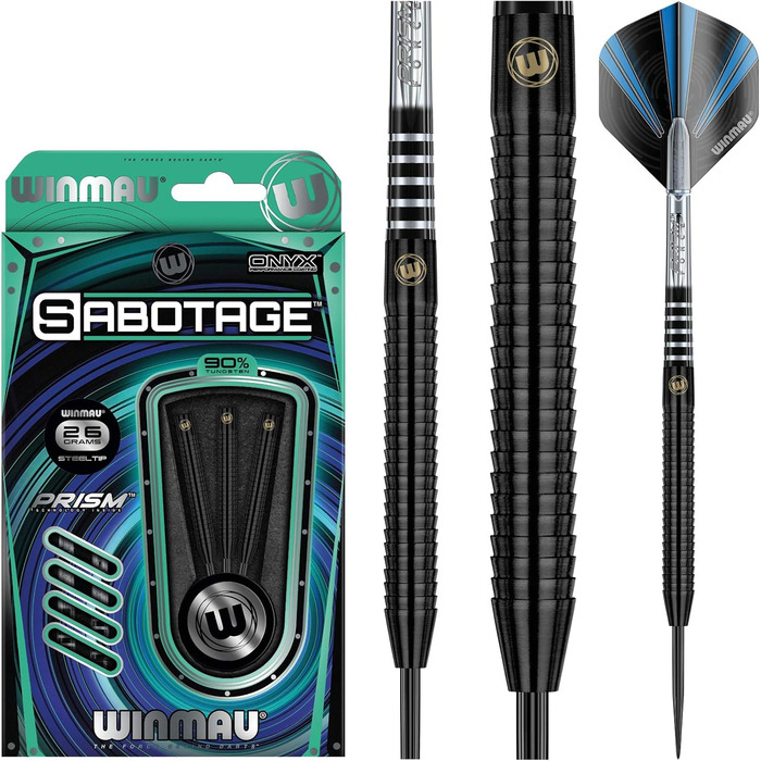 Професійний набір дротиків WINMAU Sabotage Onyx 22-26 г, вольфрамові, сталевий наконечник, з оперенням та стрижнями