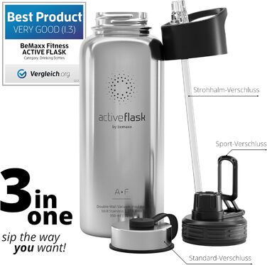 Термос пляшка з нержавіючої сталі ACTIVE FLASK 950 мл із соломинкою, 3 кришки, BPA-free, герметична, для газованих напоїв, велосипедна термобутилка для води, спорту, дітей, чаю