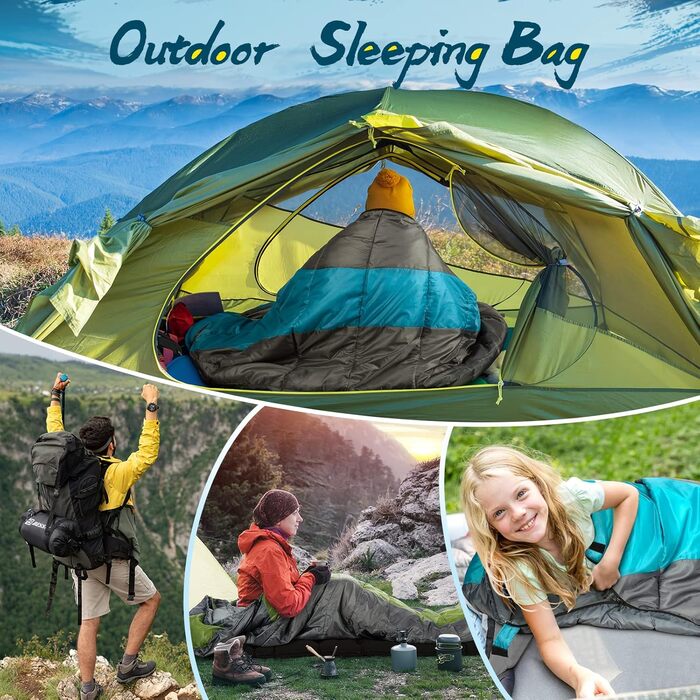 Спальний мішок Bessport Outdoor 3 сезони, маленький та ультралегкий, для дорослих, теплий, водовідштовхувальний, блакитний, для кемпінгу та трекінгу