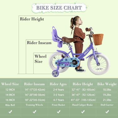 Дитячий велосипед RULLY Fruit для дівчаток 12/14/16 дюймів, 2-7 років, з додатковими колесами, кошиком та сидінням для ляльки, фіолетовий