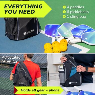 Набір піклбол-ракетки Helium Pro Carbon Fiber (4 шт.) з м'ячами та сумкою, сертифіковані USAPA, високошвидкісний наліт, легка серцевина Honeycomb
