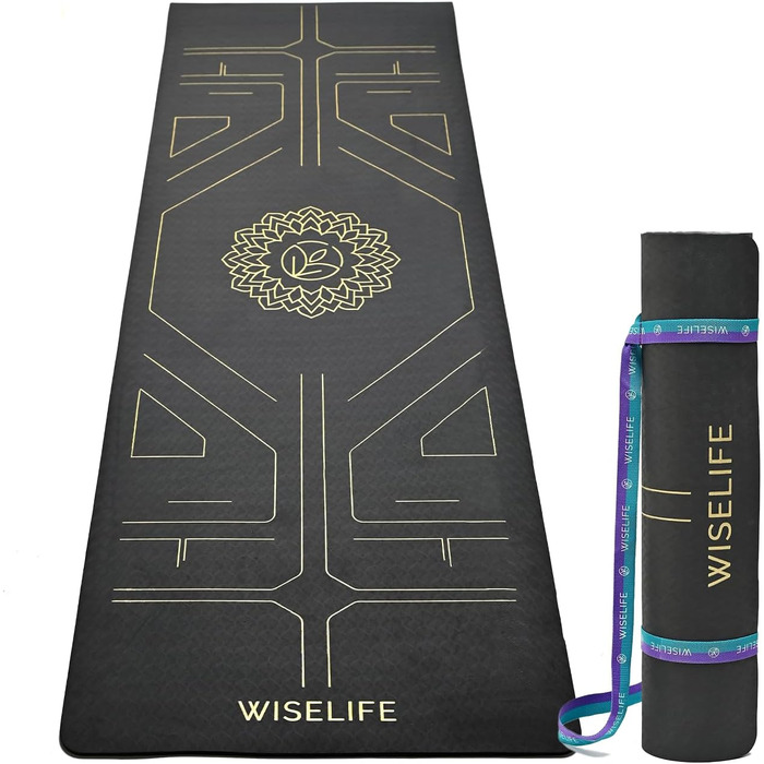 Йога-мат Wiselife Tru Alignment з ременем, 6 мм, TPE, антрацит, для жінок і чоловіків