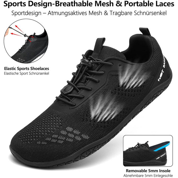 Босижні кросівки Geweo для жінок та чоловіків: зручні, широка передня частина, легкі, для фітнесу, кросфіту, силових тренувань, без підйому, трекінгові, унісекс, розміри 37-47 EU (чорний, 41 EU широкі)