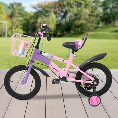 Дитяче велосипед 14 дюймів для хлопчиків та дівчаток з додатковими колесами та кошиком, від 3 років, з двома гальмами, регульоване сидіння та кермо, фіолетовий