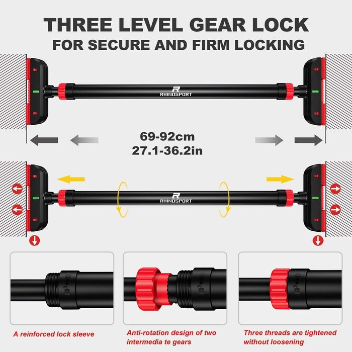 Турнік для дверного отвору RHINOSPORT P7, 78-98 см, розсувний, без кріплення, для дому