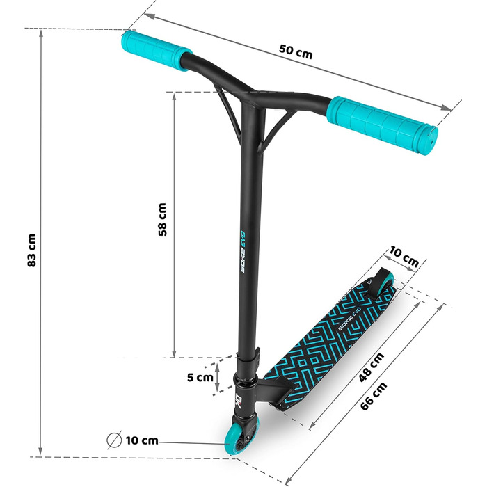 SOKE Evo: Скутер для екстремального катання в скейтпарку – ABEC-9 підшипники з вуглецевого волокна, сталеві, PU-колеса 88A, Y-образний кермо з TPR-покриттям, алюмінієва дека (чорний/синій)