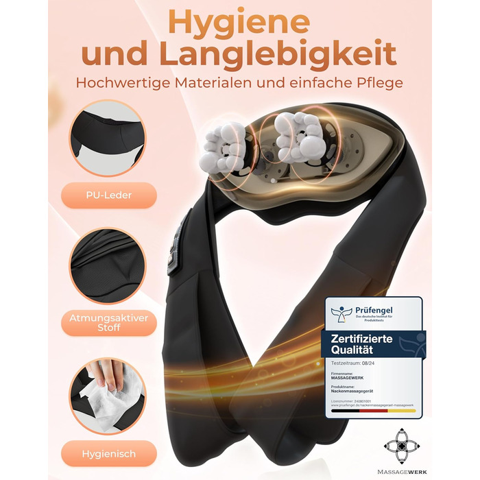 Масажер MASSAGEWERK Shiatsu для шиї та спини, електричний з функцією підігріву, чорний, для зняття м'язових болів та напруги, ергономічний