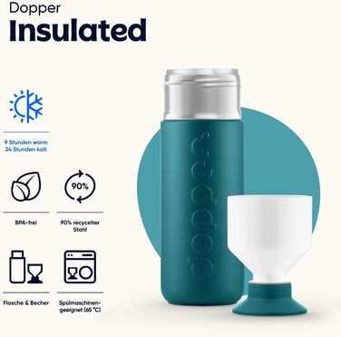 Персоналізований термос Dopper Insulated 580 мл – нержавіюча пляшка для води, кави, чаю, подвійні стінки, зберігає тепло до 9 годин та холод до 24 годин, герметична, колір Green Lagoon