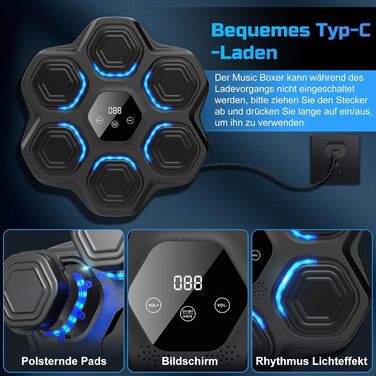 Музична боксівська машина Beatpunch LED з боксерськими рукавичками. Smart боксівська машина для дому, чорна. Підходить для дорослих та дітей.