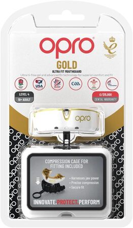 Охоронна капа OPRO Gold для дорослих і дітей, для боксу, MMA, хокею, лакросу та контактних видів спорту, біло-золота, розмір для дорослих (10+), підвищений комфорт