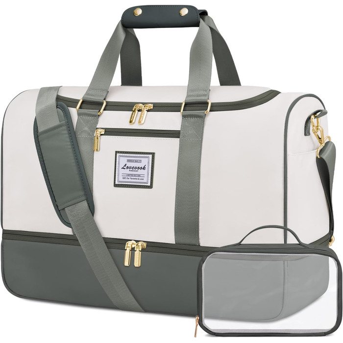 Сумка-валіза LOVEVOOK 37L для подорожей та спортзалу, водонепроникна, з відділенням для взуття та мокрих речей, зелено-бежева