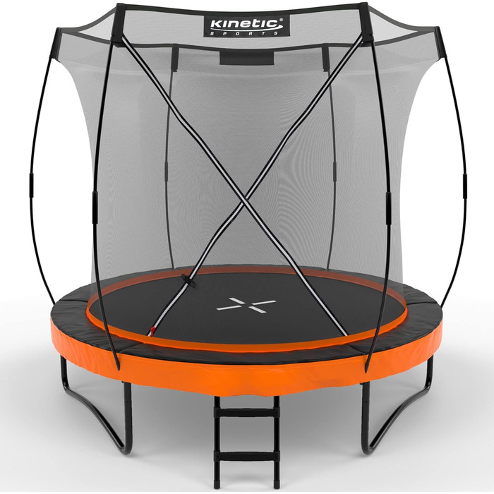 Трамплін KINETIC SPORTS Ultimate Pro Outdoor Ø 244/305/366/427 см – сертифікат TÜV Rheinland GS, з драбиною, скловолоконна сітка, дизайн 'Курча', для саду, до 160 кг (Sunset Orange)