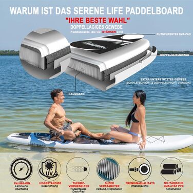 Надувна SUP-дошка SereneLife з повним комплектом аксесуарів: весло, насос, антиковзке покриття, рюкзак для перенесення, для дітей та дорослих, чорна та сіра
