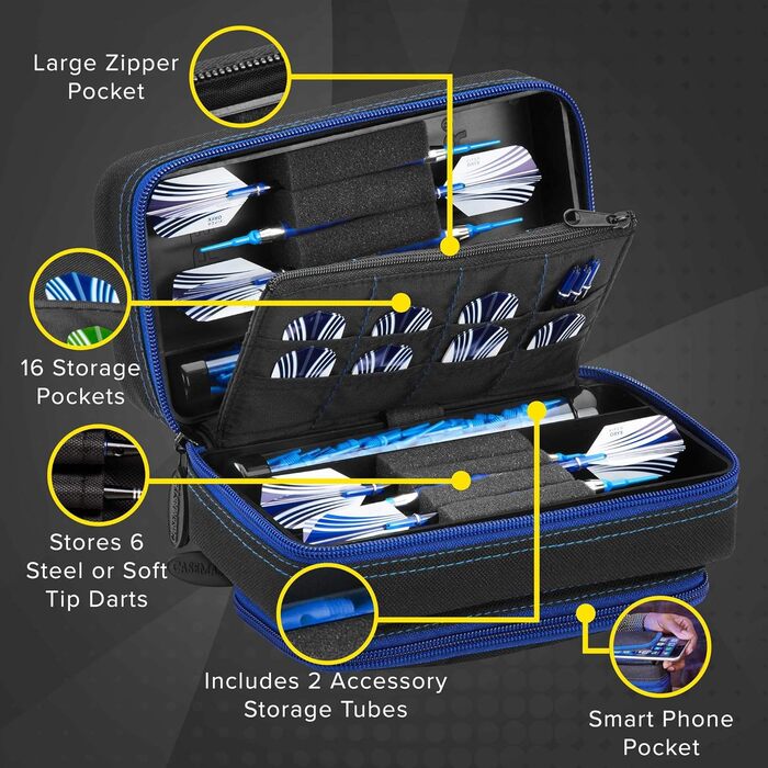 Чохол для дартс Casemaster Plazma Pro на 6 дротиків (м'які та сталеві), з великою фронтальною кишенею для мобільного, вбудованими тубусами для зберігання, кишенями для оперень та наконечників, з сапфіровим оздобленням
