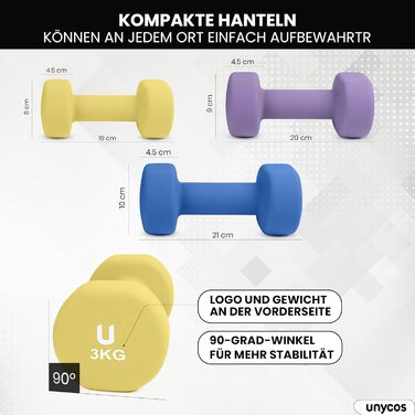 Гантелі неопренові UNYCOS 2 шт. (1-10 кг) - короткі, антиковзаючі для жінок та чоловіків, проти ковзання | для фітнесу, силових тренувань, пілатесу, гімнастики, домашнього спортзалу