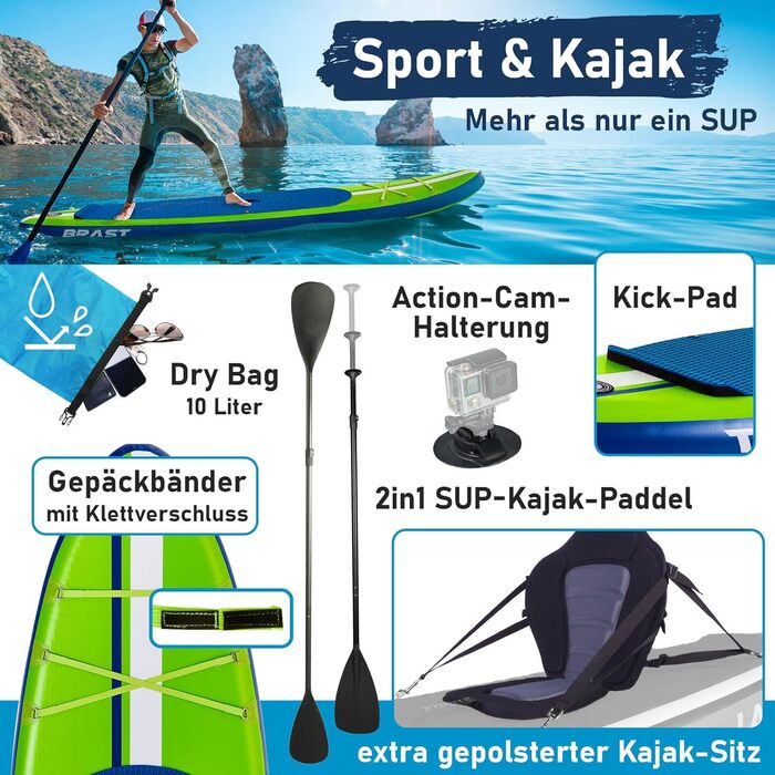 SUP дошка BRAST Shark надувна з аксесуарами: 320x81x15 см, 2-в-1 (каяк-сидіння), помпа, рюкзак, тримач для камери, страхувальний лиш (Зелений)
