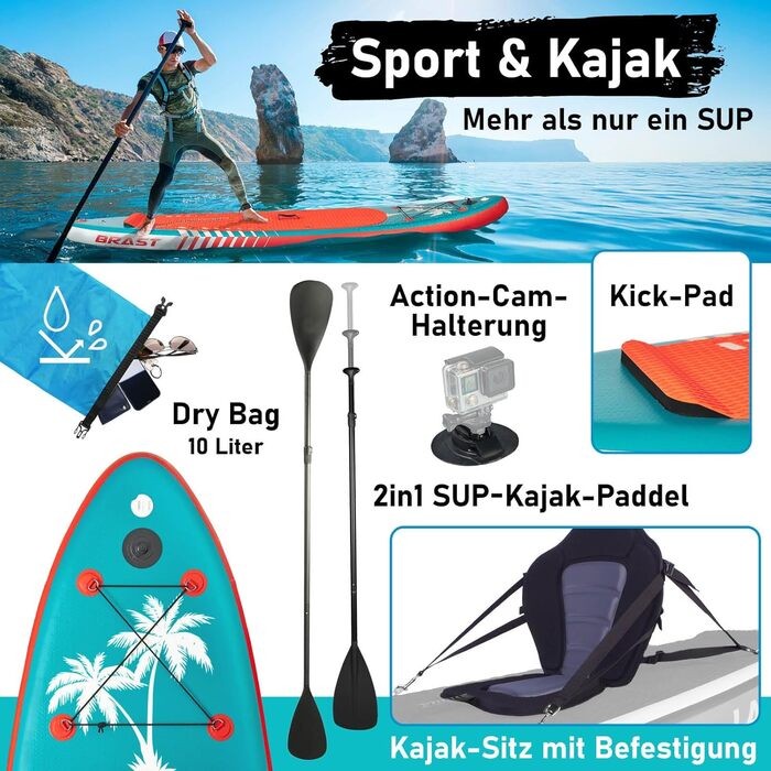 SUP Board BRAST з LED-підсвіткою | Надувний комплект для станд-ап паддлінгу | 320x81x15 см | 4 дизайни | LED-підсвічування (10 кольорів) | 5 років гарантії | 2-в-1: весло + сидіння для каяка | Тримач для Action-Cam, петля для ніг | Гавайський стиль