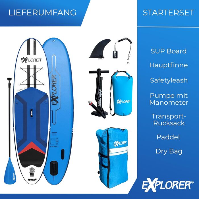 Надувна SUP-дошка EXPLORER STREAM 10.2, комплект до 180 кг, з алюмінієвим веслом, рюкзаком, насосом, плавцем та ремнабором