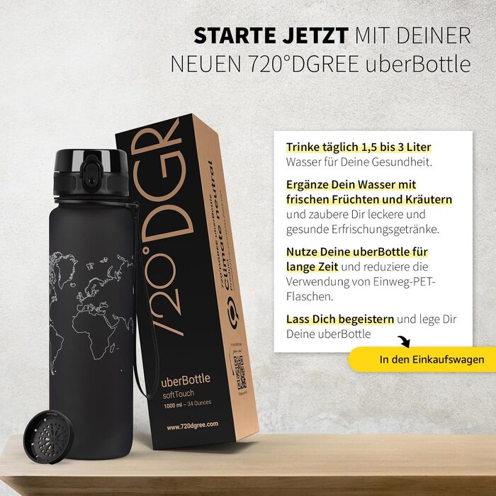 Пляшка для води 720°DGREE uberBottle 1л з ситечком, тритановий, герметичний, легкий, BPA-free, для спорту, фітнесу, велосипеда, університету, чорний Onyx Black, Softtouch