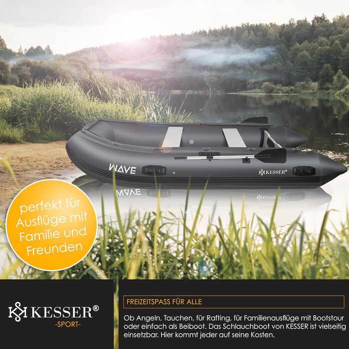 Надувний човен KESSER® Wave 320 см Комплект 6 в 1: човен, лавка, насос, весла, ремкомплект, сумка. Можливість встановлення мотора, для солоної води, антрацит
