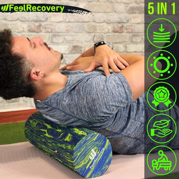 Масажний ролик Feel Recovery для фасцій, середньої жорсткості, 45x15 см, EVA, для спини, шиї, ніг, йоги та пілатесу, зелений, для початківців