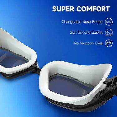 Окуляри для плавання Findway: антизапітніння, захист від УФ, поляризація, для чоловіків, жінок, підлітків, з запасним носовим упором, без витоків, чіткий огляд, чорний & білий/поляризована димчаста лінза (чорний & білий/срібна поляризована дзеркальна лінз