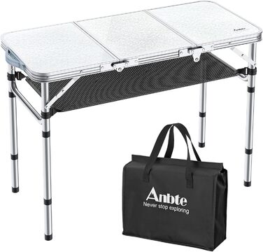 Складний туристичний столик Anbte 88x40 см, алюміній, 3 положення висоти, з кишенькою для зберігання, для пікніка, кемпінгу, саду (білий)