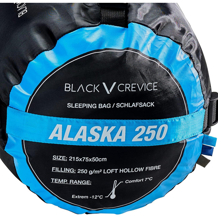 Сплячий мішок Black Crevice Alaska 250 I - для кемпінгу та активного відпочинку. Атмосвітний, водонепроникний, довжиною 215 см, синій.