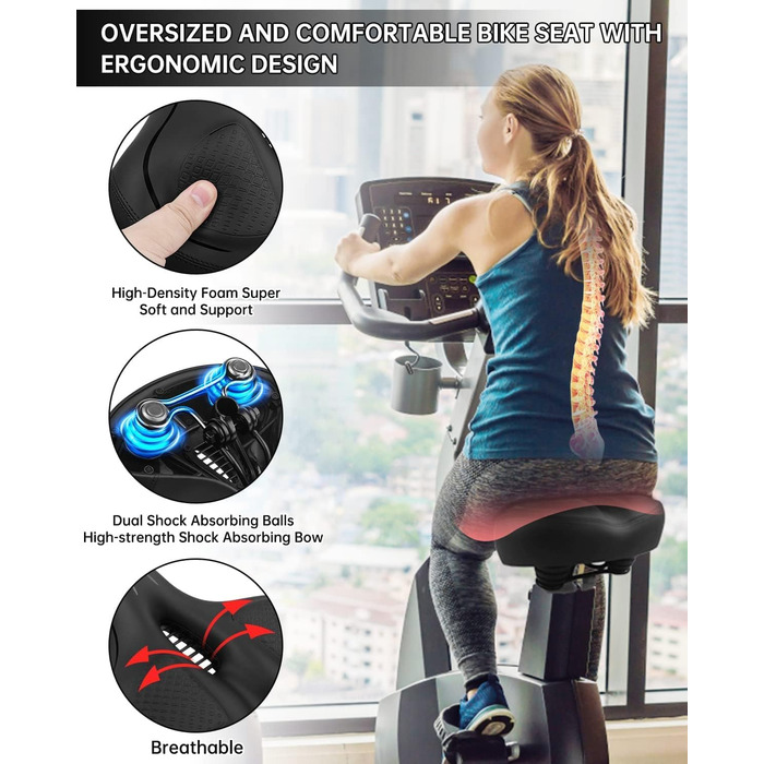Широке велосипедне сідло для жінок та чоловіків: комфортне, водонепроникне, з пам'яті піною. Підходить для міських, шосейних, гірських велосипедів та велотренажерів (Чорний/Чорний)