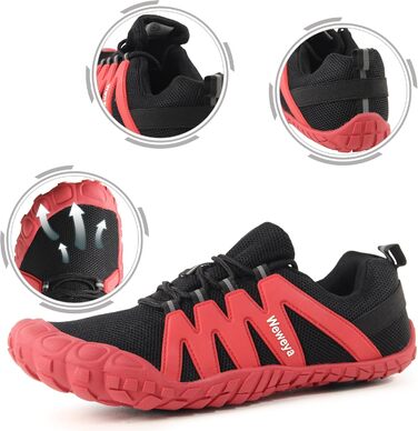 Жіночі кросівки для тренувань Weweya: мінімалістичні бігові кросівки barefoot з широкою передньою частиною (40 EU, чорний/червоний, регульований язик)