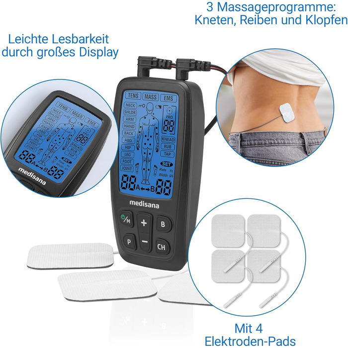 Medisana TT 205 TENS/EMS: електростимулятор для зняття болю та розслаблення м'язів. Комплект з 4 електродними подушечками. Тренувальний пристрій для нарощування м'язів.