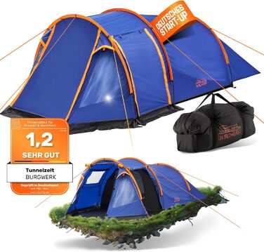 Намет туристичний Burgwerk Tunnelzelt для 3 осіб, водонепроникний, UV-захист 50+, міцний, для кемпінгу, сімейний, тунельний, синій
