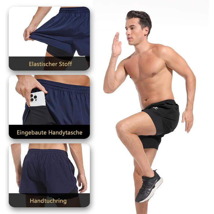 Чоловічі бігові шорти 2 в 1, спортивні шорти для занять у залі, на вулиці, для марафону, тренувань. З вбудованою кишенею та петлею для рушника. Чорний колір, розмір L