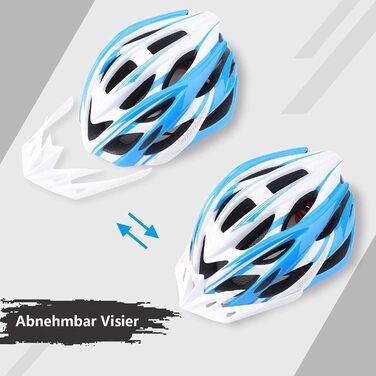 Велосипедний шолом Shinmax з візором і LED-світлом для дорослих, унісекс, для MTB і шосе, знімний, розмір 57-62 см, синьо-білий