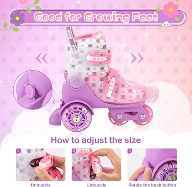 Дитячі ролики для дівчаток, 4 розміри, регульовані, безпечні, з дихаючим матеріалом, квіткові, EU 28-32