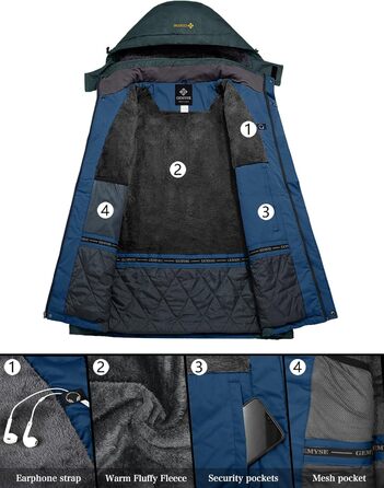 Чоловіча тепла куртка GEMYSE для катання на лижах, вітро- та водонепроникна, дихаюча, з багатьма кишенями, зимова куртка з капюшоном, білий колір (L, Lilablau Dunkelgrau)