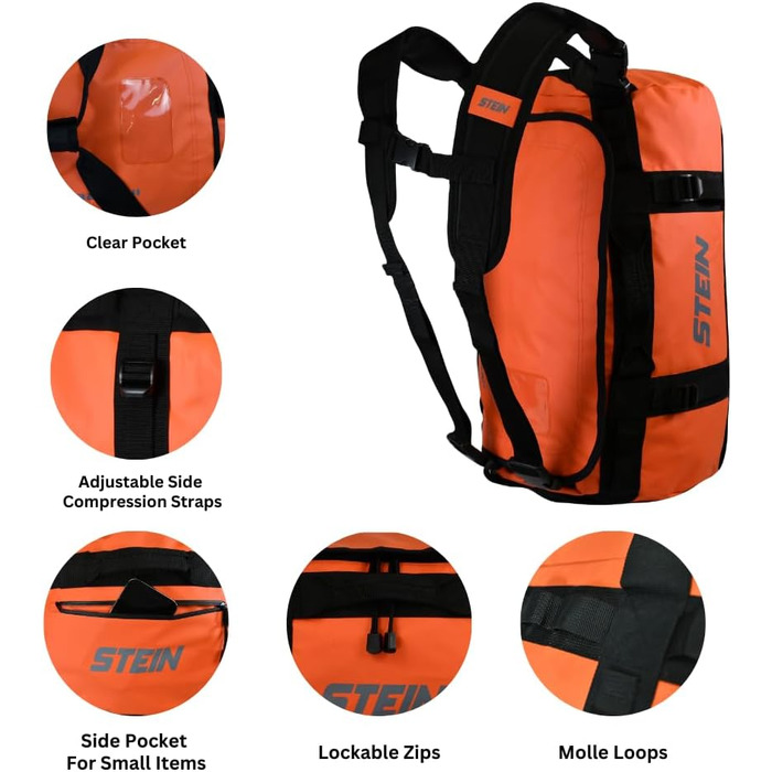 Водонепроникна сумка для подорожей STEIN Metro 70L (рюкзак-трансформер) з ПВХ-покриттям, компресійними ременями та м'якими плечовими ременями, помаранчевий