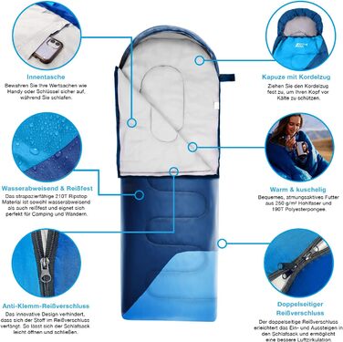 Сплячий мішок Active Era Premium Mumienschlafsack 250 GSM для зими та літа, 0°C - 15°C, кемпінг, фестивалі, водонепроникний, ультралегкий, малий об'єм (Блакитний)