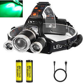 BESTSUN Фронтальний ліхтар налобний LED перезарядна налобний ліхтар USB 5000 Люмен для полювання, роботи, кемпінгу, риболовлі та нічного полювання (біле та червоне світло) (зелене світло)