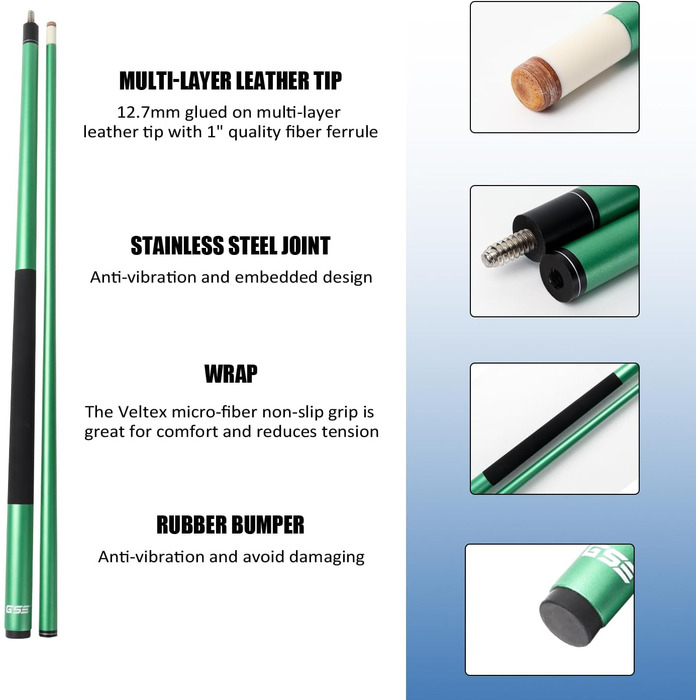 Більярдний кий для дорослих та дітей, Fiberglas-Graphit, 147.3 см, 2 частини, для дому та комерційного використання (матово-зелений, 595 г)