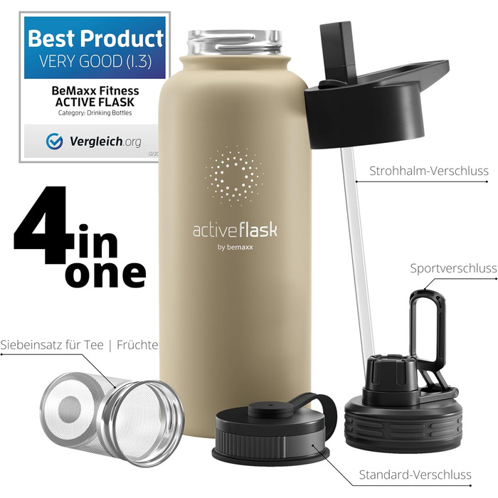 Термос пляшка з нержавіючої сталі ACTIVE FLASK 950 мл, ізольована, з трубочкою, 3 кришки, BPA-free, для газованої води, для спорту, велосипеда, дітей, чаю, бежевого кольору