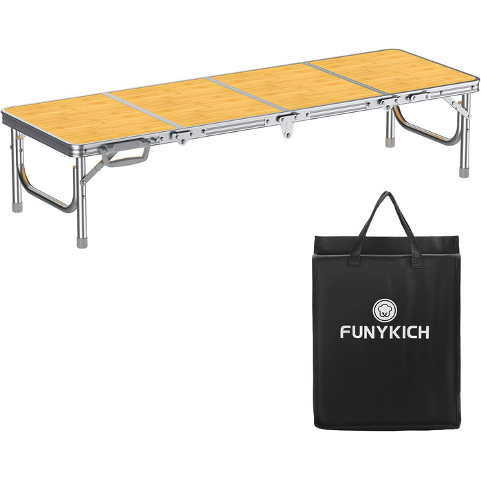 Складний кемпінговий стіл FUNYKICH 116x40x26 см, жовтий - алюмінієвий, MDF стільниця, з сумкою для перенесення, для пікніка, пляжу, балкону